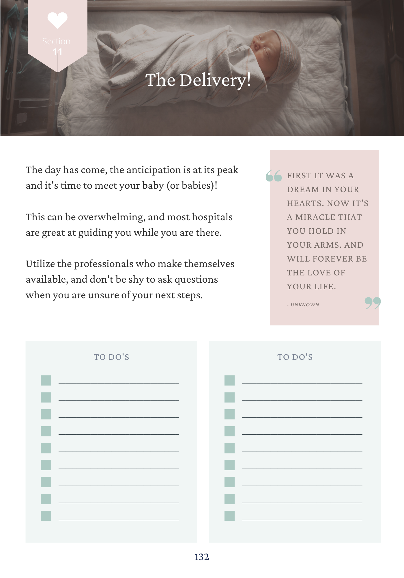 Sample page of the delivery section within The Intended Parents Ultimate Surrogacy Guide(book)