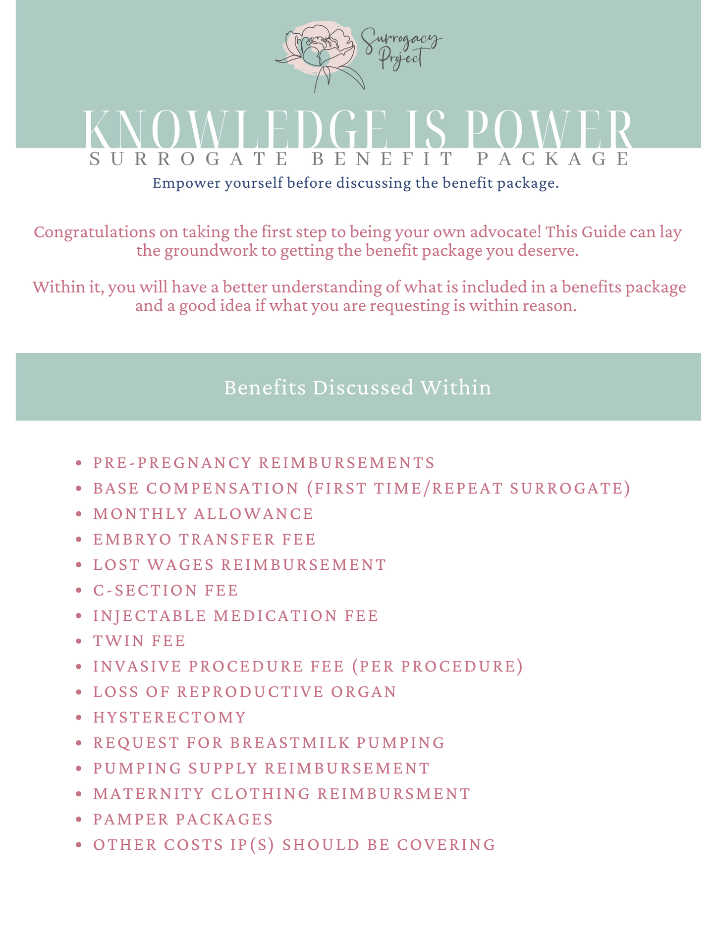 Page of what benefits are touched on inside the surrogate benefit package template