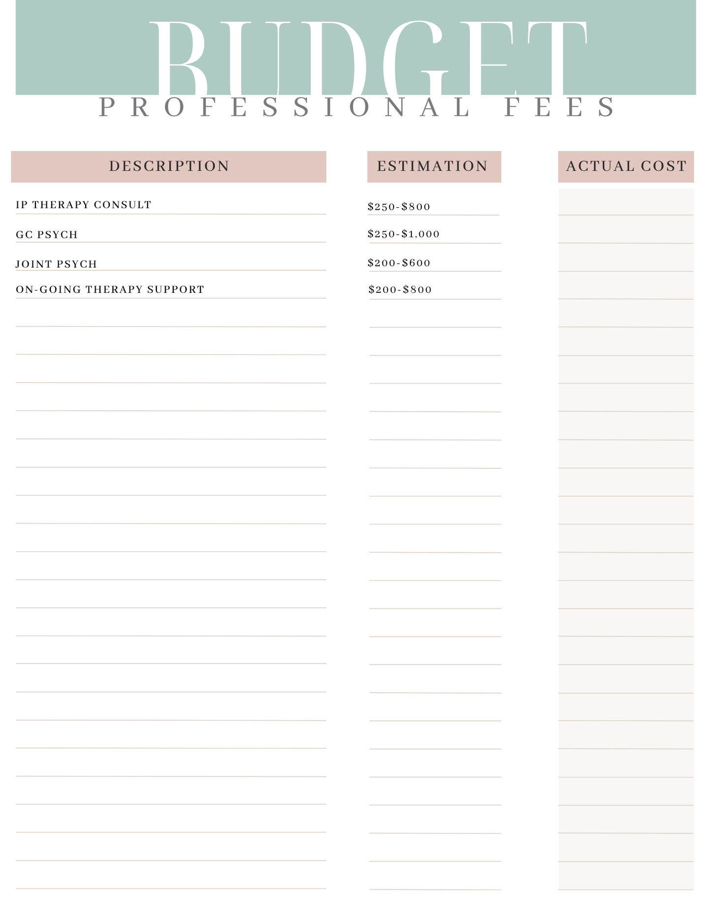 sample page of cost log within The Ultimate Surrogacy Budget Guide