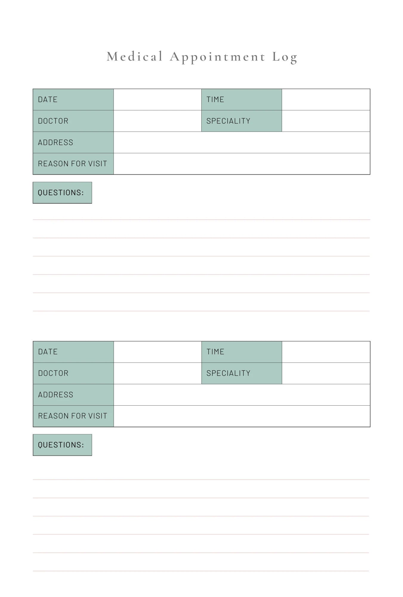 Sample page of medical appointment log inside Surrogates Story Journal