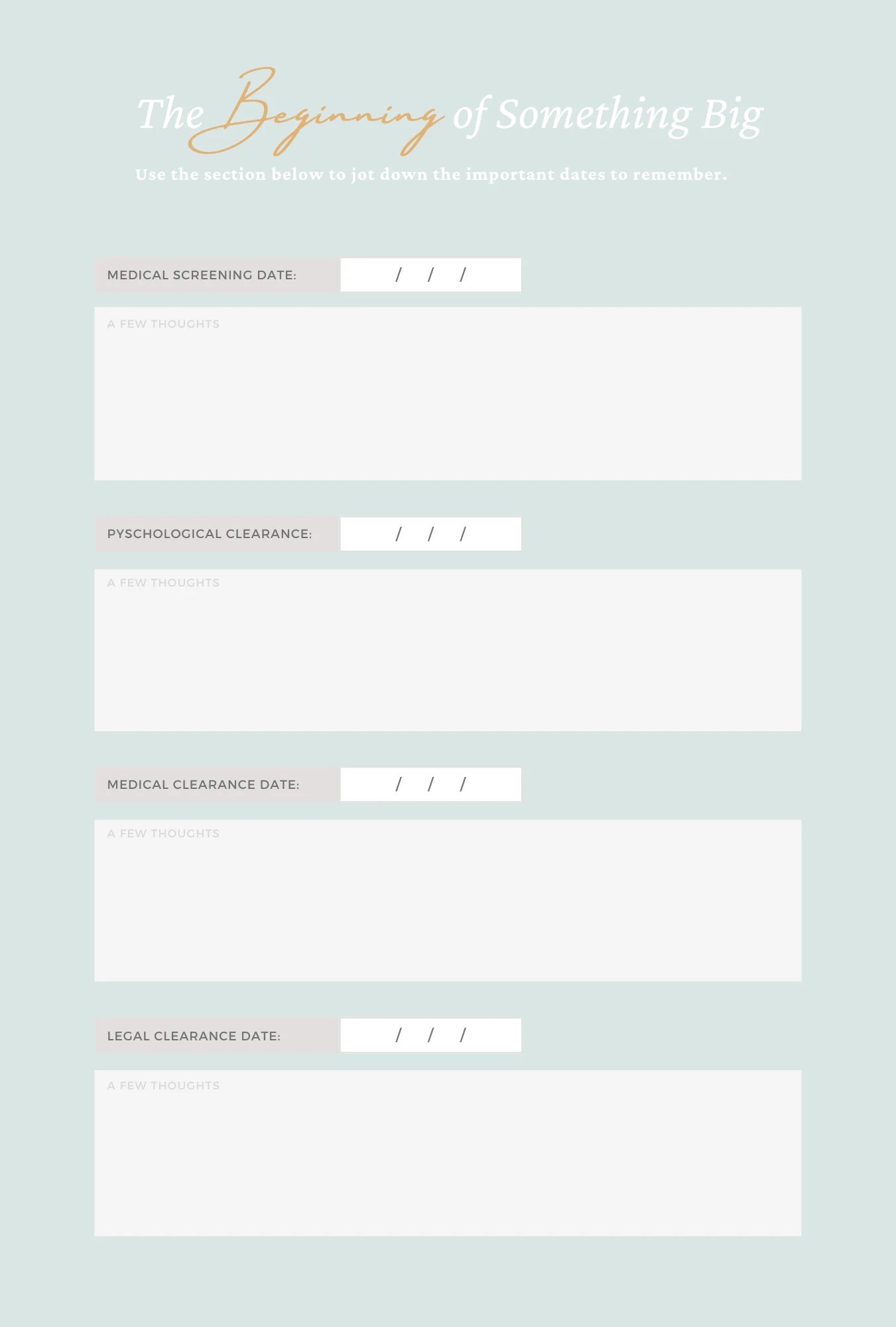 sample page of important dates within the IP story, personal keepsake