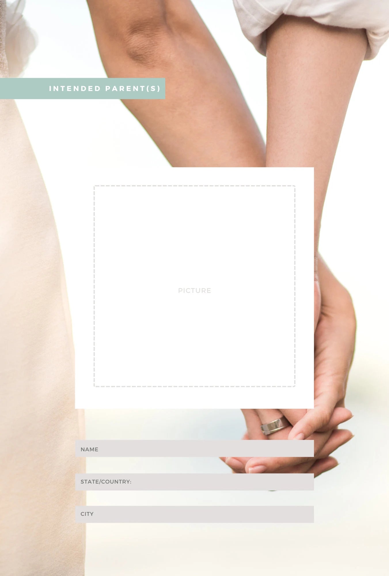 Person holding a white card with text fields on a light background