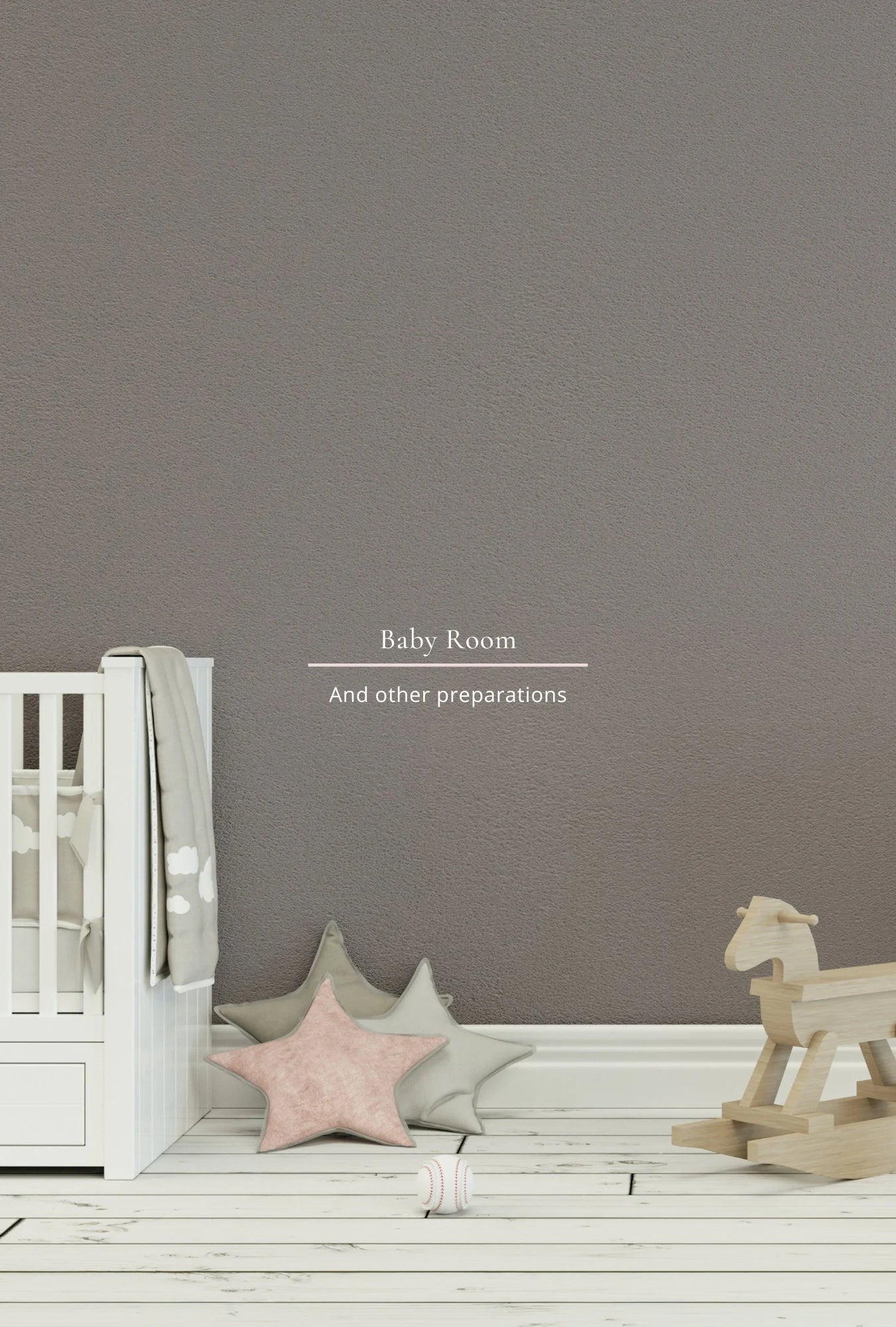 sample page of journal-Nursery with wooden crib, star-shaped pillow, and rocking horse against a gray wall.