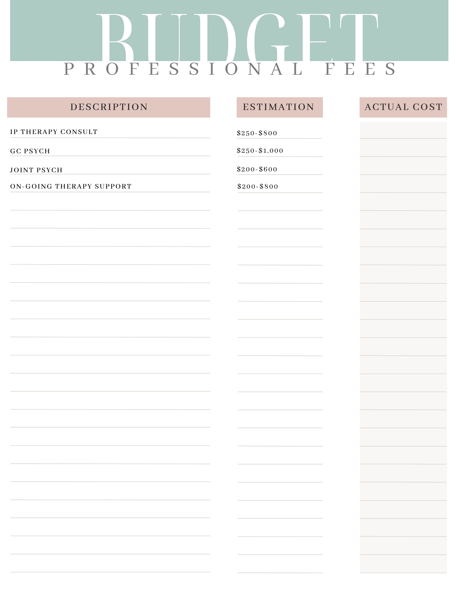 sample page of cost log within The Ultimate Surrogacy Budget Guide